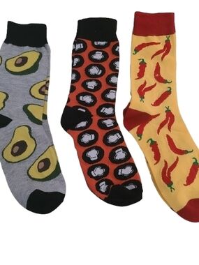 Novelty Food-Print Men's Socks Trio - Avocado, Chef Hat & Chili Designs